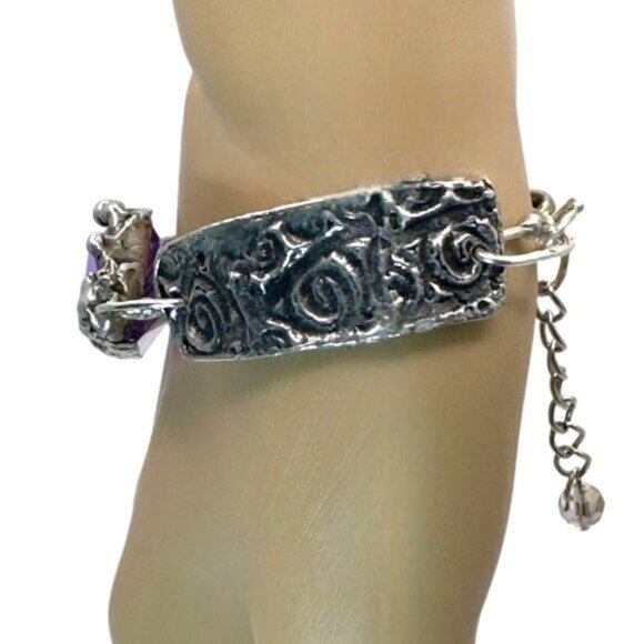 Brutalist Glam Amethyst Crystal Bracelet W/ Intricate Artisan Silver Metal Work - Picture 13 of 15